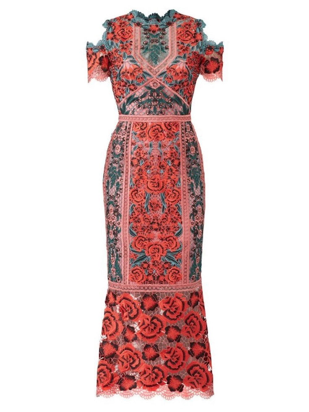 Red & Green Lace Maxi Dress with Floral Embroidery